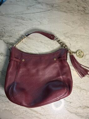 MICHAEL Michael Kors Burgundy Leather Shoulder Hobo with Gold Chain and Tassel